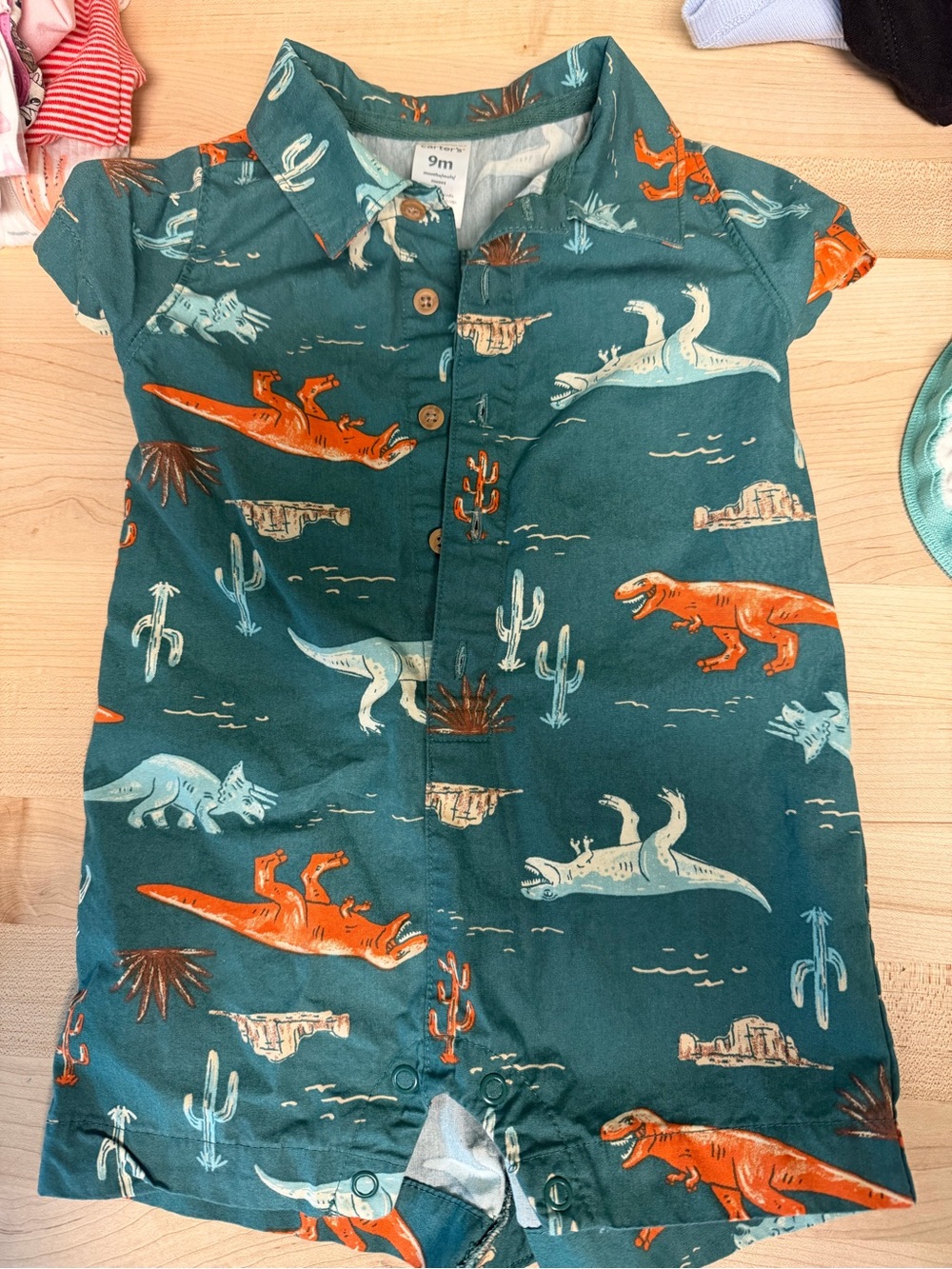 Carter's Teal Short-Sleeve Dino Print One-Piece Bodysuit